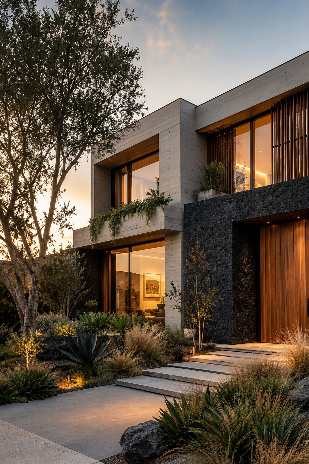 Residencia contemporánea de concreto, piedra y madera